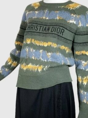 NWT Dior Olive Green Crewneck Sweater with Blue and Yellow Accents Size 12